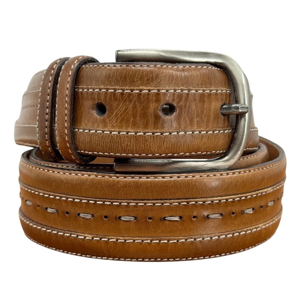 Mezlan Leather Classic Belt SZ 38 Men’s Brown Stitched Buckle Made Spain Dress